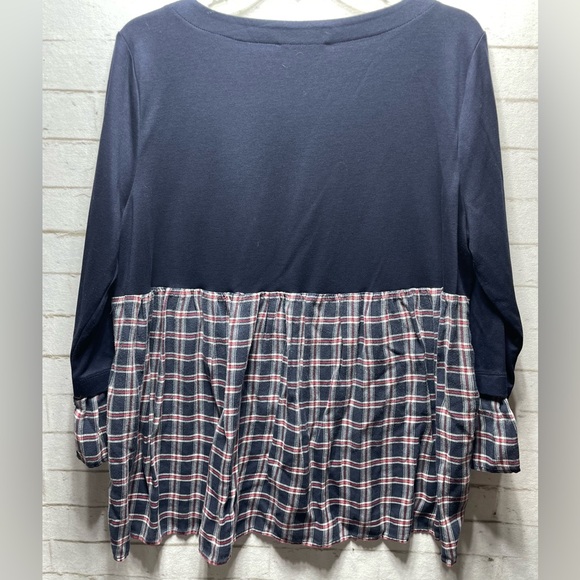 Loft Women’s Large Navy Blue Plaid Mixed Media Bell Cuff Lightweight Top - Picture 4 of 6